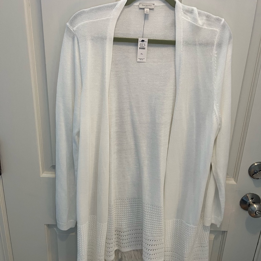 Talbots White Open-Front Knit Fringe Cardigan